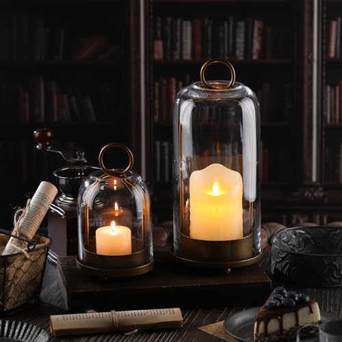 5" & 4" Wide Versatile Metal Candle Holder with Handmade Sturdy Glass Dome in Brass for Pillar Candle & Plants, 5.1" xH11.8 4" xH7.5, Industrial, Farmhouse, Shabby Chic. (2, Brass, Large & Small) - color: Brass
