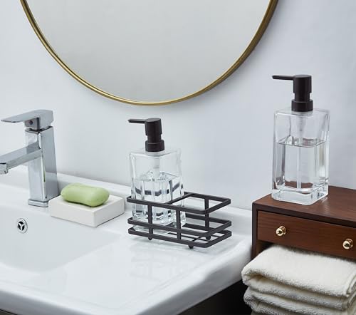 Square Glass Clear Lotion and Soap Pump Dispenser Set with Metal Stand Caddy for Bathroom Bath Kitchen Home Office Travel Hotel Hand Crafted Heavy Weight Oil Rubbed Bronze - color: Oil Rubbed Bronze