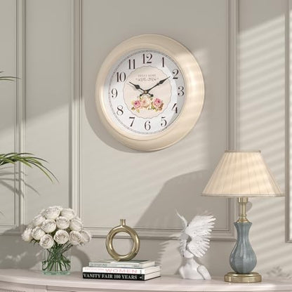 Abdurey Sweet French Decorative Wall Clock,Creamy White Rose Style | Battery Operated Silent Decor Wall Clocks for Living Room, farmhouse, Bedroom, Bathroom, Dining Room 11.5"