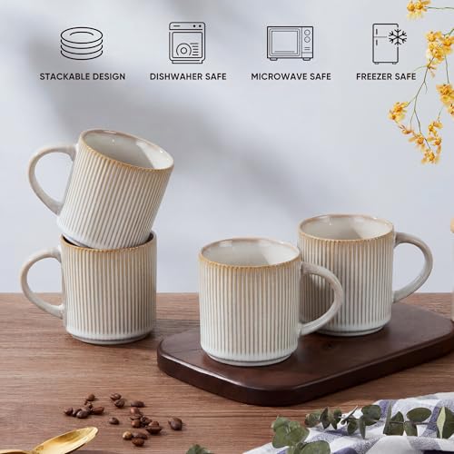 E-far Coffee Mugs Set of 4, 12 oz Stoneware Coffee Cups with Handle for Latte, Tea, Cocoa, Milk, Modern Ribbed Ceramic Mugs for Man Woman, Microwave & Dishwasher Safe, Creamy Beige - color: Creamy Beige