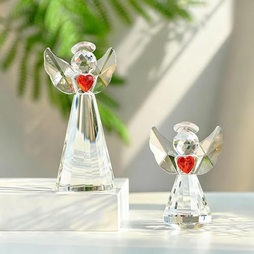 2pcs Crystal Angel Figurine Collectibles Gifts for Women Glass Angel Statue | Glass Guardian Angel Holding a Heart Ornaments,Home Table Christmas Decoration (Clear,4.5''and 3'') - style: Angel With Red Heart-2pcs