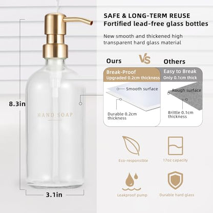 Glass Soap Dispenser - Dish Hand Soap Dispenser Set for Kitchen, Bathroom Soap Lotion Dispenser with 304 Rust Proof Pump, Tray, Clear Bottle/Gold Pump - color: Clear Bottle/Gold Pump + Tray + Funnel