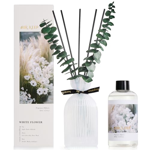Reed Diffuser Set, White Flower, 6.76 oz | Diffuser Sticks, Decorative Eucalyptus, Ribbed Glass Bottle, Home Fragrance for Bathrooms and Bedrooms - color: White Flower