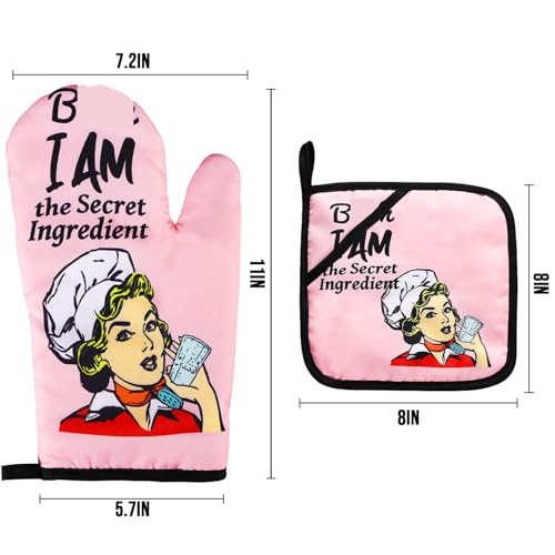 Funny Oven Mitts and Pot Holders Sets Cooking BBQ Non-Slip Quilting Grill Mitts Heat Resistant Housewarming Gifts I Am The Secret Ingredient - color: Pink