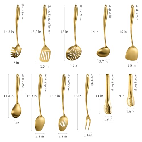 304 Stainless Steel Matte Kitchen Utensils Set, 11 Pcs Long Metal Cooking Utensils Set, Gold Cooking Utensils Set, Dishwasher Safe - size: 11Pcs-Gold