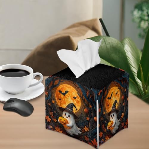 Cute Halloween Ghost Square Tissue Box Cover | Lightweight Square Napkin Storage Holder, Funny ghost graphic adds festive atmosphere for fall & Halloween party - color: Cute Ghost Halloween Forest