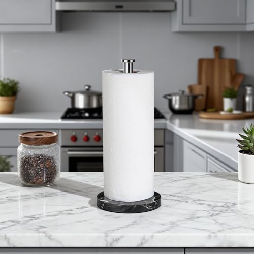 YIGII Heavy Marble Base Paper Towel Holder Countertop - Standing Paper Towel Roll Holder with Black Weighted Base, Gold Papertowel Holder for Kitchen - style: Silver & Black Marble