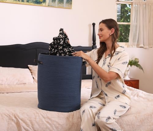 16"x20" Extra Large Cotton Rope Basket with Zipper Lid, Woven Laundry Hamper and Blanket Storage Basket, Round Clothes Bin for Living Room Bedroom, Denim Blue - color: All Dark Blue