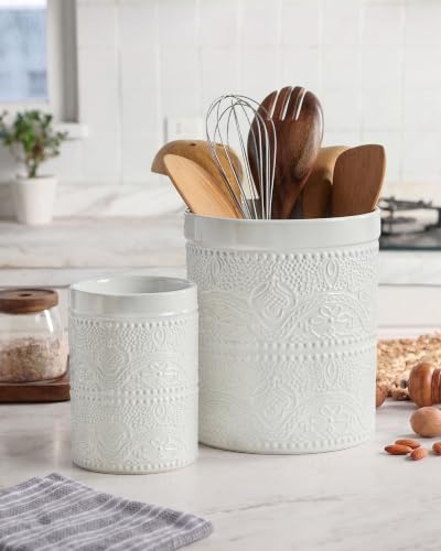Kitchen Utensil Holder, 7.2+5.5" Super Large Utensil Crock Heavy and Stable Lace Emboss Ceramic Utensil Holder for Kitchen Counter(2Pcs Bright White) - color: 2Pcs Bright White
