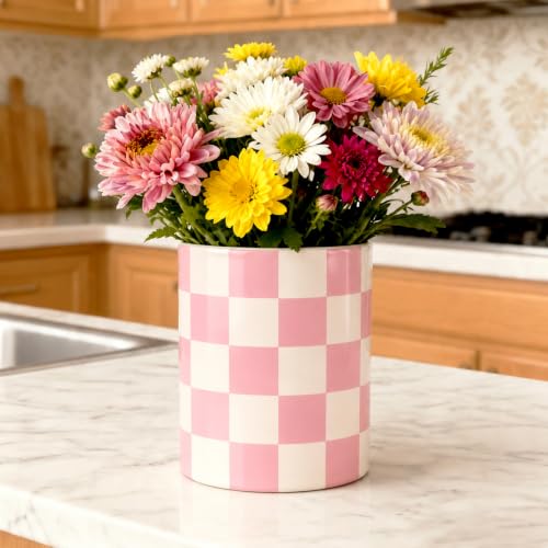 Kitchen Utensil Holder, Pink and White Checkered Ceramic Utensil Holder , Cooking Utensil Crocks for Kitchen Countertop, Kitchen Decorations Rustic Farmhouse Decor
