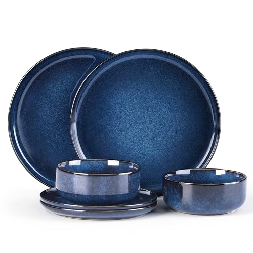 E-far Dinnerware Sets for 2, 6-Piece Stoneware Plates and Bowls Set, Ceramic Dishes Reactive Glaze Dinning Ware, Microwave & Dishwasher Safe - Deep Sea Blue - color: Deep Sea Blue, size: Service for 2