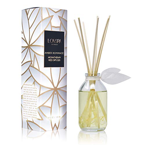 Reed Diffuser Set - Amber Romance Scented Diffuser with Sticks | Home Fragrance Reed Diffuser for Bedroom, Bathroom Shelf Décor, with Real Florals in the Bottle - Made in the USA - color: Amber Romance