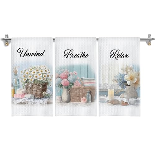 Farmhouse Floral Bathroom Hand Towels, Daisy Hydrangea Flower Relax Breathe Unwind Decorative Hand Towels for Bathroom Gym Spa Yoga Room Decor, 16x24 Inches Set of 3 - color: Farmhouse Floral
