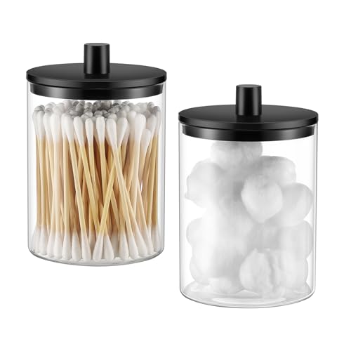 Glass Qtip Holder Dispenser - 10 oz Clear Canister Apothecary Jar, Bathroom Vanity Storage Organizer Set for Cotton Swabs, Pads, Floss Picks, Small Containers for Makeup Storage (2 Pack, Black) - color: Black, size: 2 Pack
