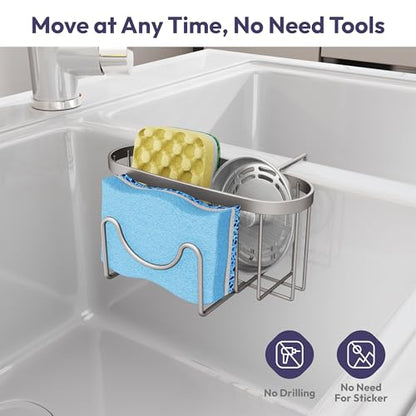 SWTYMIKI Sponge Holder for Kitchen Sink - Movable Kitchen Sink Caddy with M Shape Hook, Stainless Steel Hanging Sponge Caddy for Dish Sponge, Brush, Stopper Organizer in Double Sink, Sand Nickel - color: Sand Nickel-regular