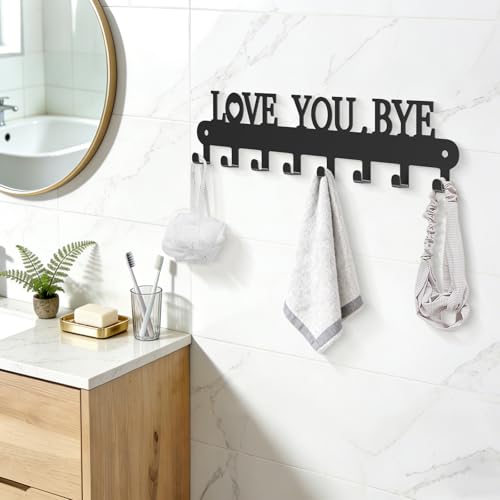 Key Holder for Wall - 'Love You Bye' Key Hooks, Black, 6 Hooks | Key Holder Wall Mount Self Adhesive, Key Rack Wall Mount for Wall No Drill for Living Room, Kitchen, Bathroom, Garage - color: Love You Bye' Black 2p