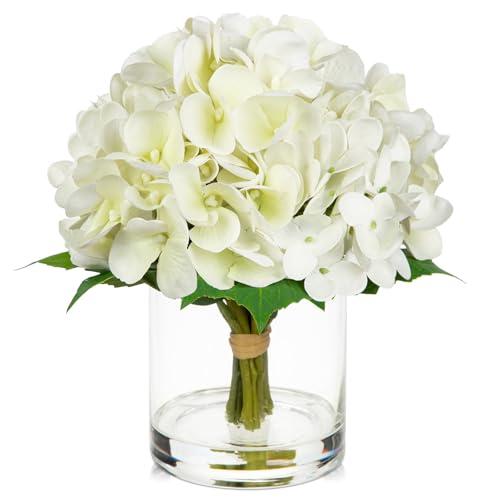Hollyone Real Touch White Hydrangea Artificial Flowers in Vase Latex Small Faux Hydrangea Flowers Arrangements Hydrangeas Fake Flower with Glass Vase with Faux Water for Table Centerpiece Home Decor - color: Small - White