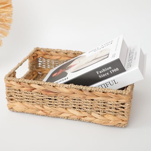 Water Hyacinth Storage Basket - Small Rustic Rectangle Woven basket Organizer with Handle for Home & Office Decor (Hyacinth&Seagrass) - style: Hyacinth&Seagrass