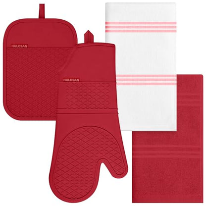Oven Mitt and Pot Holders Sets, Quilted Cotton Terry Cloth,Non-Slip Pot Holder, Silicone Oven Mitt Heat Resistant, Oven Mittens 7.3"x14.2", Hot Pad 7"x10" & Dish Cloths 13"x25" - color: Red