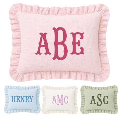 Monogram Pillow Covers, Personalized Name Muslin Pillow Cover, Ruffle Baby Pillows, Custom Embroidered Pillow Covers, Initials Pillowcase, Couch Bed Room Pillow Gifts for Kids Boy Girls Nursery Decor - color: 26