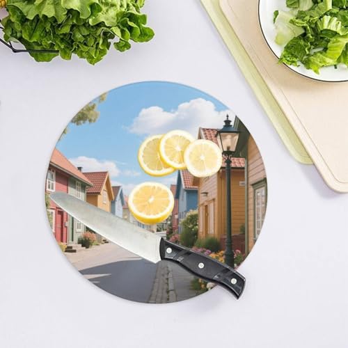 Cutting Board Colorful Wooden Houses Printed Cheese Delicatessen Cutting Board Round Tempered Glass Suitable for Kitchen Table Centerpiece