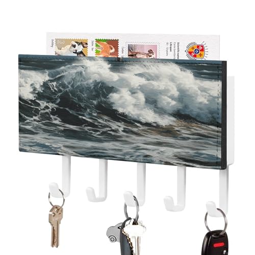 The Sea Waves Key Hook,Key Holder for Wall,Mail Organizer with Hooks for Entryway,Adhesive Keys Rack with Tray for Front Door Kitchen Garage - color: white-style