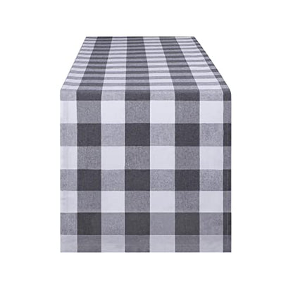 Buffalo Plaid Cotton Blend Table Runner, Buffalo Check Collection, Classic Farmhouse Style, 14x72 - Gray and White - color: Gray and White, size: 14*72inch