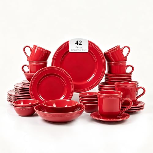 HomeVSS 42-Piece Pearl Dots Stoneware Dinnerware Set, Red, Service for 6 | plates and bowls sets，dinnerware sets for 6,Pearl Dots Dinnerware，Microwave and Dishwasher Safe - color: Red, size: 42pc Set