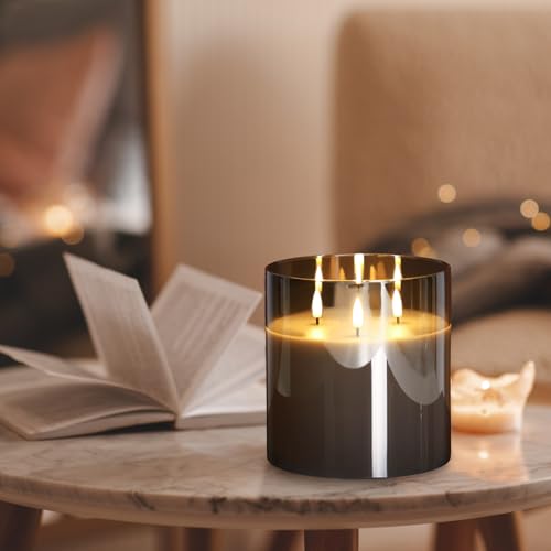Large 3 Wick Grey Glass Flameless Pillar Candle with Remote | 6x6 inch LED Candle Flickering, Triple Wick, 2 AA Battery Powered, Accent Home Decor Gift - color: Smoke Grey