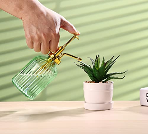 Glass Plant Mister Spray Bottle, 7.5" Green Glass Water Spray Bottle with Gold Top Pump Small Watering Can, Small Plant Sprayer Mister for Indoor Outdoor House,(Green+Gold E) - style: Green+Gold E