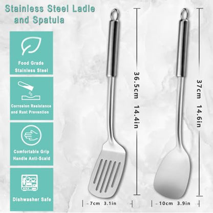 Pleafind 2-Pcs Solid & Slotted Spatula Set, 304 Stainless Steel Spatula, Metal Spatulas, Wok Utensils, Cooking Utensils, Wok Spatulas for Home, Kitchen and Restaurant, Dishwasher Safe - color: 2P-Argent