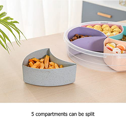 Circle Fruit Tray Separable Snacks Bowl Nut Food Candy Picnic Salad Storage Containers Plastic Platter Divided Serving Tray Portable 5 Compartments with Lid