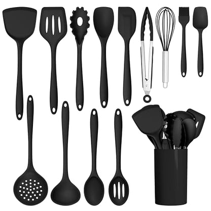HaWare 14 PCS Silicone Cooking Utensils Set, Kitchen Utensils, Black - color: Black