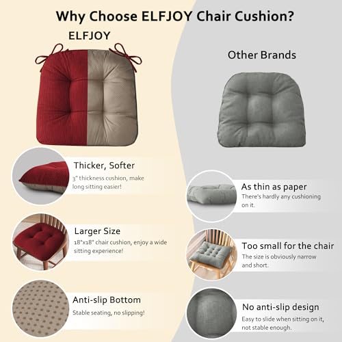 ELFJOY Dining Chair Cushions Set of 2 Non Slip 18"X18"X3" Red | Thick,Textured Fabric, with Ties, Tufted, Large, for Kitchen, Dining Room, Indoor, Bedroom, Living Room, Office, Comfortable - color: Red