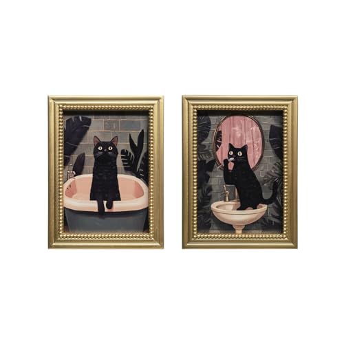 Gatheroad Gold Framed Vintage Wall Art - Set of 2 Funny Black Cat Canvas Prints, Rustic Bathroom Decor, Cute Animal Bathtub Washing Picture, Modern Farmhouse Cottagecore Aesthetic Artwork, 12x16in - color: Gold, size: 12X16inch