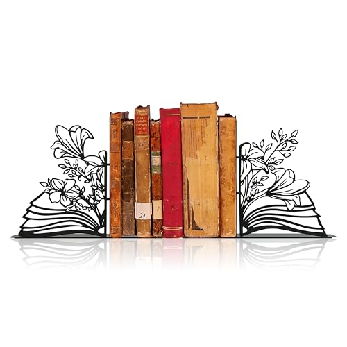 Metal Flower & Book Design Decorative Bookends – Cute Bookends for Shelves | Fun Reading Room Decor for Book Lovers, Black