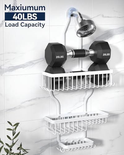Never Rust Shower Caddy Hanging, Aluminum Shower Racks for Inside Shower, 3-Tier Shower Organizer Hanging Over Shower Head with Hooks and Soap Holder, White - color: White