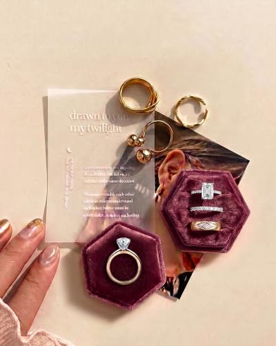 Velvet Jewelry Ring Box, 3 Slots Hexagon Engagement Wedding Ring Holder for Wedding Ceremony Proposal - color: Retro Red