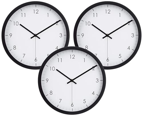 Amazon Basics Classic 12", Easy to Read, Silent Non Ticking, Battery Operated, Round Wall Clock, Black (Pack of 3) - size: (Pack of 3)