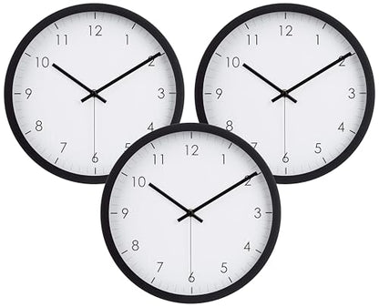 Amazon Basics Classic 12", Easy to Read, Silent Non Ticking, Battery Operated, Round Wall Clock, Black (Pack of 3) - size: (Pack of 3)