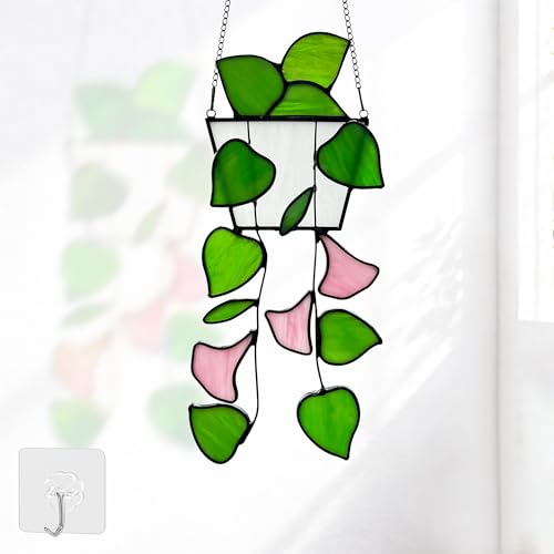 Plant Stained Glass,Stained Glass Window Hanging,Real Handmade Suncatcher,Artificial Green Plants Decor for Women Mom Grandma Plant Lovers,Sun Catcher for Home Windows - color: Pink Plant