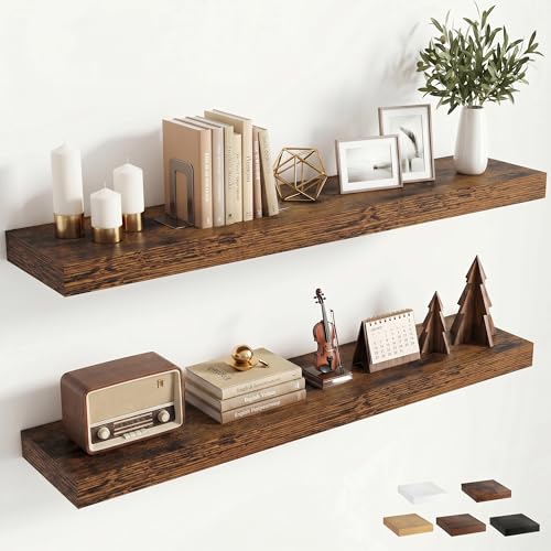40 inchs Floating Shelves for Wall Mounted Set of 2,Rustic Wood Floating Shelf with Invisible Brackets for Small Bathroom,Bedroom,Living Room,Modern Home Decor -Rustic Brown - color: Rustic Brown, size: 40''W x 7.9''D x 1.5''H,Set of 2-MDF