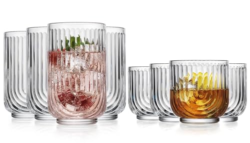 Glaver's 8-Piece Drinking Glass Set, Art Deco Ribbed Arch Glassware, Clear U-Shape Design, 17oz Highball and 11oz DOF Glasses Kitchen Glasses - style: Clear S/8 17oz 11oz