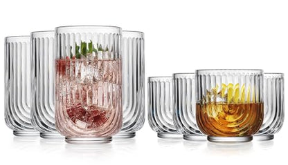 Glaver's 8-Piece Drinking Glass Set, Art Deco Ribbed Arch Glassware, Clear U-Shape Design, 17oz Highball and 11oz DOF Glasses Kitchen Glasses - style: Clear S/8 17oz 11oz
