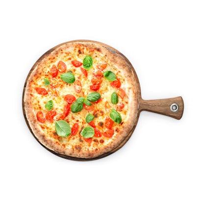 Ironwood Acacia Wood Provencale Paddleboard, 16" x 20" Round Serving Board | Extra Large Round Cutting Board With Handle | Beautiful Acacia Wood | Large Charcuterie Board | Grommet For Hanging & Drying - size: 20.3"L x 16"W