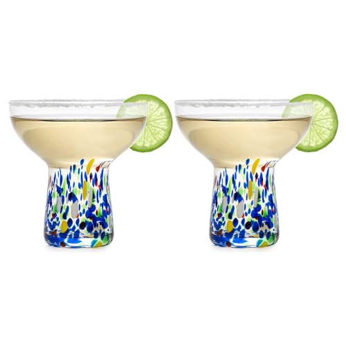 Large Stemless Hand Blown Confetti Margarita Glasses - 14 oz - Set of 2 | Colorful Artisan Glassware, Perfect for Margaritas, Martinis, Wine, Cocktails & Champagne, Great for Cinco de Mayo & Parties - style: Mexican Confetti Margarita Glass
