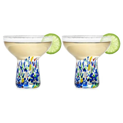 Large Stemless Hand Blown Confetti Margarita Glasses - 14 oz - Set of 2 | Colorful Artisan Glassware, Perfect for Margaritas, Martinis, Wine, Cocktails & Champagne, Great for Cinco de Mayo & Parties - style: Mexican Confetti Margarita Glass