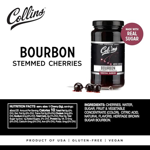 Collins Bourbon Cocktail Cherries - Drinks Garnish for Manhattan or Old Fashioned Cocktails and Desserts, Made with Award Winning Whiskey, 11 Ounce Glass Jar