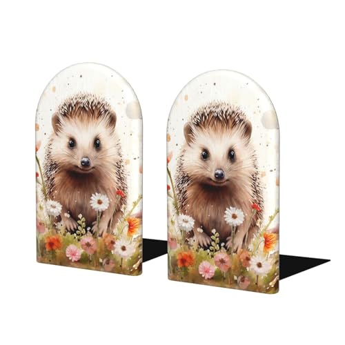 Cute Hedgehog Flower Wooden Bookends for Shelves Decorative Book Ends Universal Book Organizer Holder for Office, Heavy Books, Vinyl Records - color: Cute Hedgehog Flower