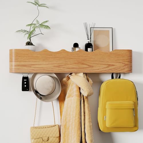 Coat Rack Wall Mount with Shelf 5 Hidden Hooks Modern Wooden Key Holder Entryway Organizer for Hallway Bedroom Bathroom Home Decor Storage for Hanging Coats Hats Bags Towels, Wave-Shape Oak - color: Oak Wave-Shape, size: 5 Hooks